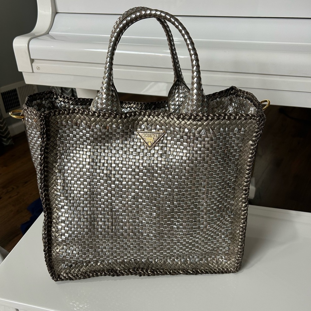 Prada Metallic Silver Woven Madras Tote Bag